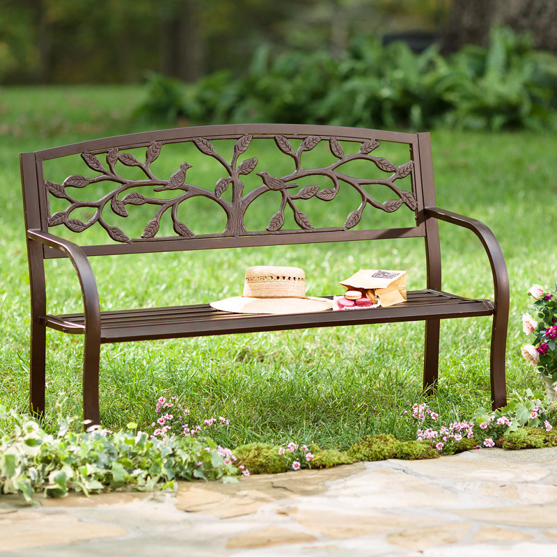 Antiqued Metal Garden Bench with Tree of Life Design Backrest